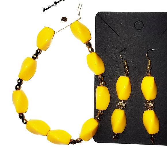 2472BE077 Handmade 2 Piece Yellow & Gold  Bracelet & Earrings Set - Picture 2 of 4